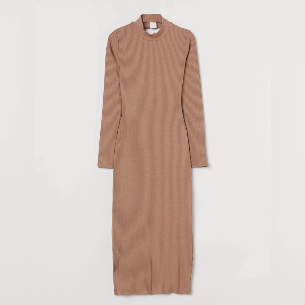 Brand-New Large Dark Beige Ribbed Midi Jersey Dress